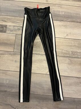 SPANX Faux Leather Leggings With White Stripe on Side
